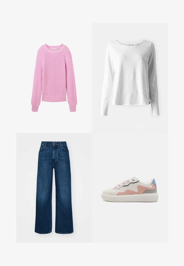 Różowy sweter z dzianiny o okrągłym dekolcie, długimi rękawami oraz ściągaczami na rękawach i u dołu. Tekstura to luźny splot, z luźnym krojem.; Biała koszulka z długim rękawem z miękkiego, lekkiego materiału; posiada okrągły dekolt i nieco luźny krój; metka widoczna z boku.; Jeans o wysokim stanie i szerokich nogawkach w ciemnoniebieskim deninie o gładkiej fakturze, z kontrastowymi szwami i pięcioma kieszeniami. Zapięcie na guzik z przodu.; Niskie sneakersy z białą syntetyczną cholewką, różowymi i szarymi akcentami z zamszu, teksturowaną białą gumową podeszwą oraz kolorowymi sznurowadłami.
