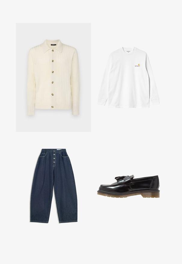 Cardigan crème en maille côtelée avec un devant boutonné, un col écarté et cinq boutons ronds, présentant un tissu texturé et des poignets ajustés.; T-shirt en coton blanc à manches longues avec un col rond, arborant un petit logo jaune et bordeaux sur la poitrine gauche. Poignets et ourlet sans coutures.; Pantalons en denim bleu foncé à jambes larges avec une taille haute, fermeture à cinq boutons et cinq poches. Présente des accents de couture sur les coutures.; Loafers en cuir verni noir avec un design tressé, une touche de pampilles et une semelle en caoutchouc texturée et épaisse. La vue de côté met en avant une silhouette élégante.