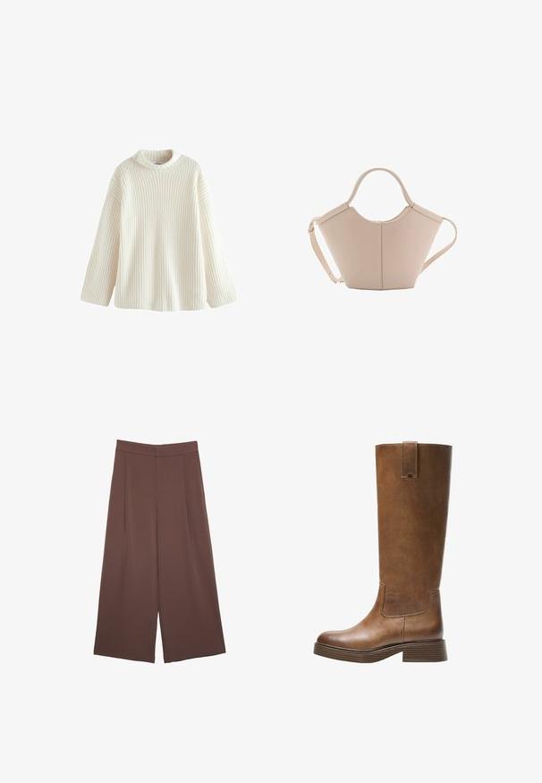 Sweter w kolorze kremowym, dzianinowy, o teksturowanym ribowym wzorze, luźnym kroju, szerokich rękawach i okrągłym dekolcie. Lekki i miękki materiał.; Brązowe spodnie o szerokich nogawkach z gładką fakturą, z wysokim stanem i plisami z przodu. Materiał jest lekki i luźno opada.; Brązowe skórzane wysokie buty do kolan z okrągłym noskiem, teksturowaną powierzchnią i niskim piętrem o warstwowej budowie. Posiadają boczną wstawkę oraz pętelkę na górze.; Beżowa skórzana torebka o unikalnym kształcie, z dwoma krótkimi uchwytami i długim, regulowanym paskiem. Gładka tekstura z minimalną ilością elementów metalowych.