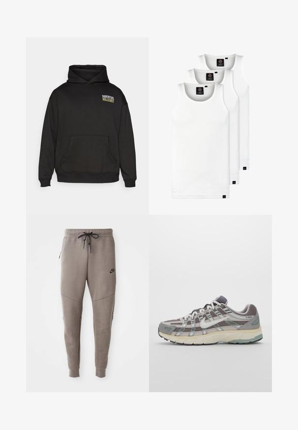 Černá mikina s kapucí vyrobená z měkkého materiálu, s přední kapsou, s textovým logem "Juventus Mille897" v bílé a žluté barvě na hrudi.; Tři bílé žebrované tílka vyrobené z bavlny. Mají kulatý výstřih a malé černé štítky poblíž lemu. Dostupné v několika velikostech.; Šedé Nike tepláky s elastickým pasem na šňůrku, zúženými nohavicemi, bočními kapsami a charakteristickým švem. Měkká, strukturovaná tkanina.; Šedá sportovní obuv s vrchní částí z mikrovlákna a semiše, bílými akcenty, polstrovanou podrážkou a jedinečným designem s reflexními prvky.