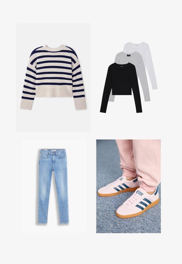 Vanessa Bruno ESTHER - Džemper - ecru/marine; Kolm pikkade varrukatega toppi, mis on üksteise peale asetatud: must, hall ja valge. Igal ühel on ümar kaelus ja lühike disain, valmistatud siledast, kergekaalulisest kangast.; Heledad sinine denimist valmistatud kitsad teksad, millel on viis taskut, nööp ja tõmblukk ning õrn kulumine jalgadel.; Heledad roosa sametist spordijalatsid tumeda sinise nahkstriibuga ja kummist tallaga. Omadusteks on lamedad kinnasteed ja bränding küljel ning keelel.