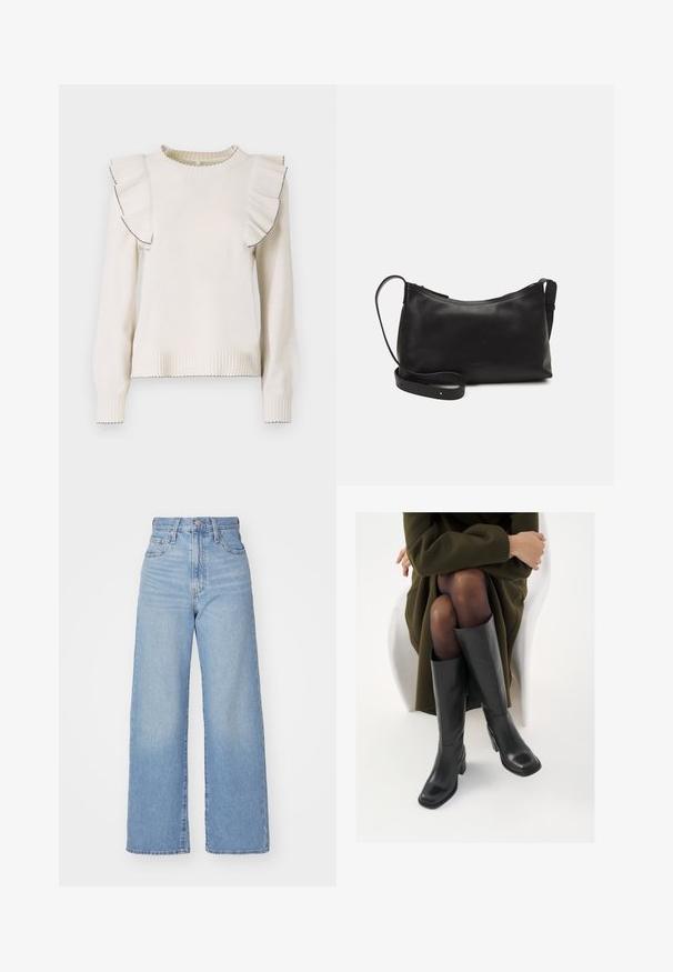 Cremfarbener Pullover mit rüschigen Akzenten an den Schultern, gerippten Bündchen und Saum sowie kontrastierenden schwarzen Nähten entlang der Rüschenkanten.; Hellblaue High-Waist-Weite-Leg-Jeans mit Knopf- und Reißverschluss vorne, Vorder- und Rückentaschen, auf weißem Hintergrund.; Knöchelhöhe schwarze Lederstiefel mit quadrater Spitze und Blockabsatz, gezeigt mit einem Modell, das einen olivgrünen Mantel trägt. Glatte Textur, minimale Details.; Schwarze Ledertasche für die Schulter mit glatter Textur, geschwungener Form, verstellbarem Tragegurt und Reißverschluss. Minimalistisches Design ohne Verzierungen.