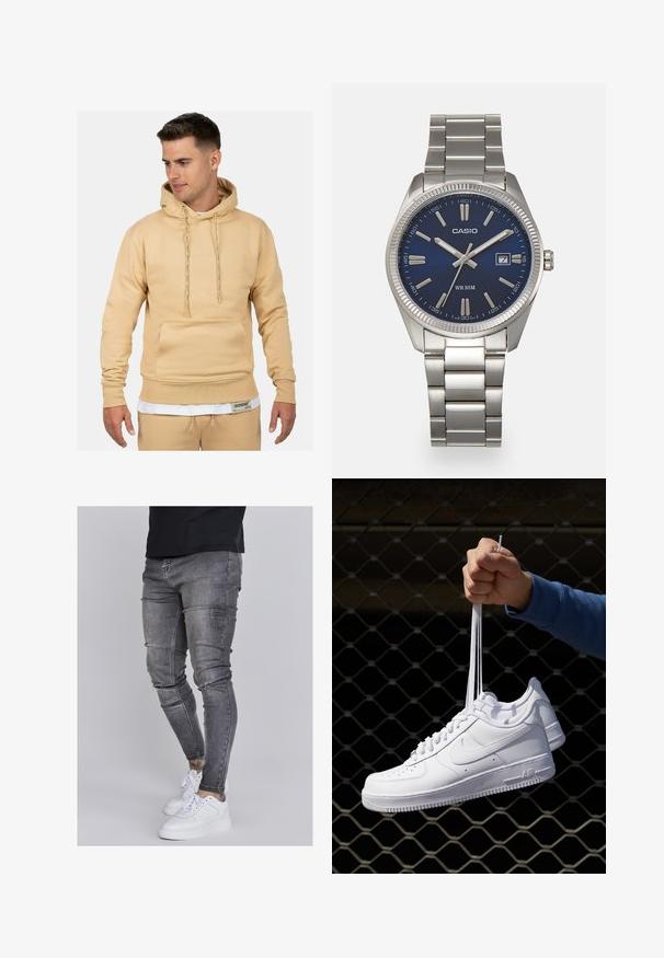 Felpa beige con cappuccio, tasca frontale, polsini a costine e cordini. Presenta dettagli del logo discreti e un tessuto testurizzato.; Jeans skinny in denim grigio sbiadito, con dettagli strappati sulle ginocchia, abbinati a sneakers bianche. Texture liscia, design slim fit.; Sneakers in pelle bianca con perforazioni, punta rotonda, suola piatta e lacci spessi, con logo swoosh visibile e "AIR" sul tallone.; Orologio da polso in acciaio inossidabile argento con quadrante blu navy, indici metallici e finestra della data alle 3. Resistente all'acqua fino a 50 metri.