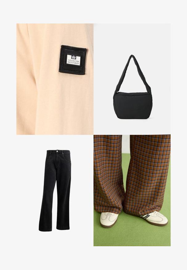 Beige stof met een zachte textuur, voorzien van een zwart vierkant label met de tekst "WEEKEND OFFENDER" en een wit logo.; Zwarte denim jeans met een recht gesneden ontwerp, voorzien van voorzakken, een knoopsluiting en een lichte textuur. Inclusief een subtiele logo-detail.; Bruine en blauwe geruite wijde broek, gecombineerd met witte schoenen met zwarte accenten en een gestructureerde zool, gezet tegen een groene achtergrond.; Zwarte schoudertas met een gewatteerde textuur, een ronde vorm en een brede schouderband, met een reliëflogo aan de voorkant.