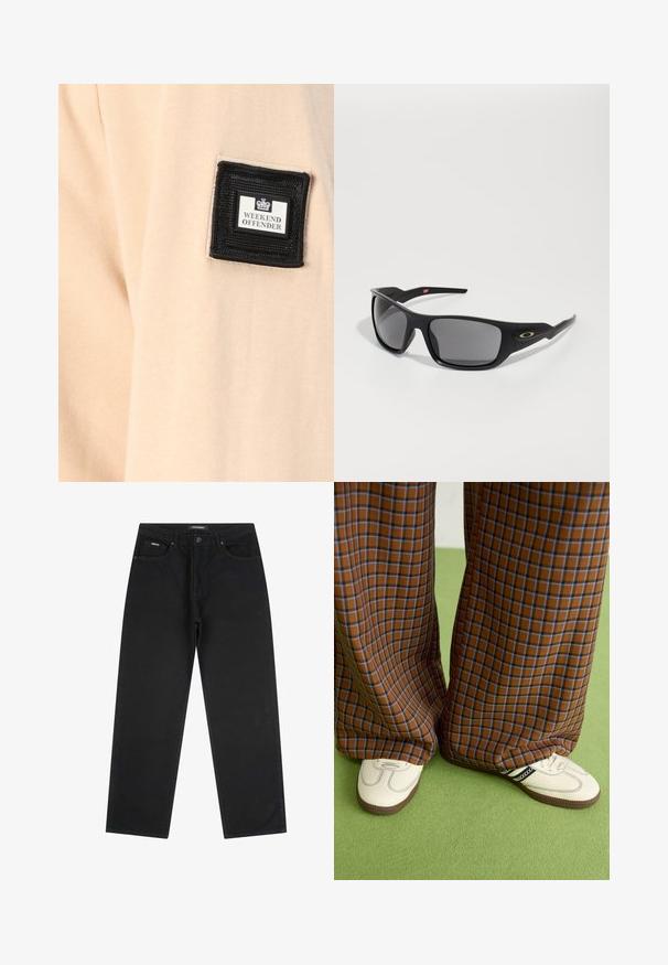 Tessuto beige dalla consistenza morbida, caratterizzato da un patch quadrato nero con l'etichetta "WEEKEND OFFENDER" e un logo bianco.; Jeans neri a gamba dritta con bottone e zip anteriori, passanti per cintura e design a cinque tasche, posti flat su uno sfondo bianco.; Pantaloni a pieghe larghi a quadri marroni e blu abbinati a scarpe bianche con dettagli neri e suole testurizzate, posizionati su uno sfondo verde.; Occhiali da sole neri con forma rettangolare, realizzati in plastica resistente, con lenti grigio scure e un accento dorato sul lato.