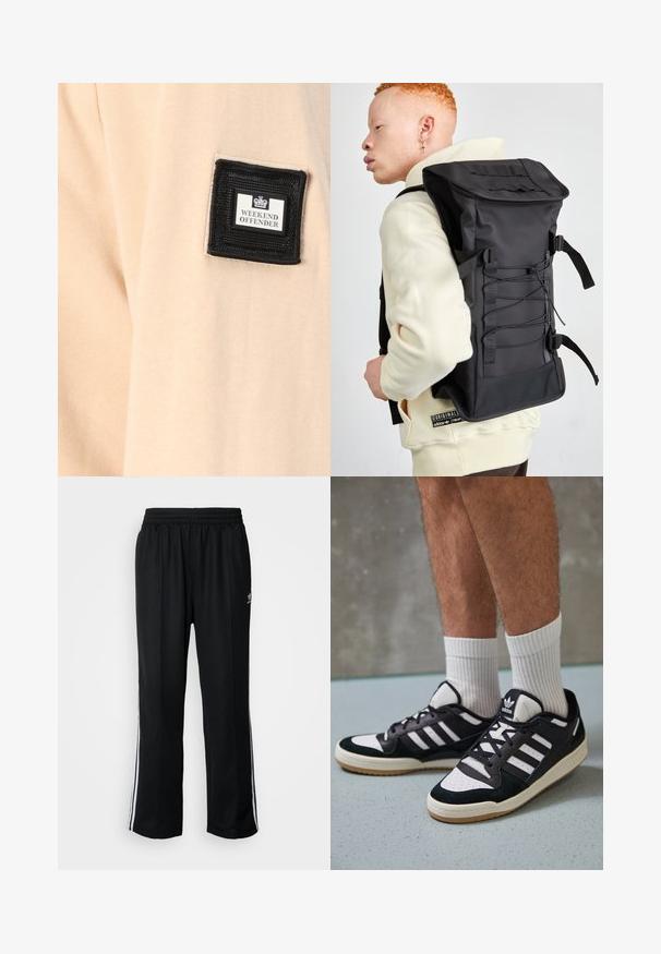 Béžová tkanina s jemnou strukturou, s černým čtvercovým štítkem označeným "WEEKEND OFFENDER" s bílým logem.; Černé sportovní kalhoty s elastickým pasem, s bílými bočními pruhy a malým logem. Materiál vypadá měkce a lehce.; Černobílé tenisky s vrchní částí z semišové a kožené kůže, včetně tří bílých pruhů, perforovaného špičky a podrážky z gumy.; Černý batoh se štíhlým designem, který má strukturovaný povrch, nastavitelné popruhy a elastické přední šňůry pro zvýšení úložného prostoru.