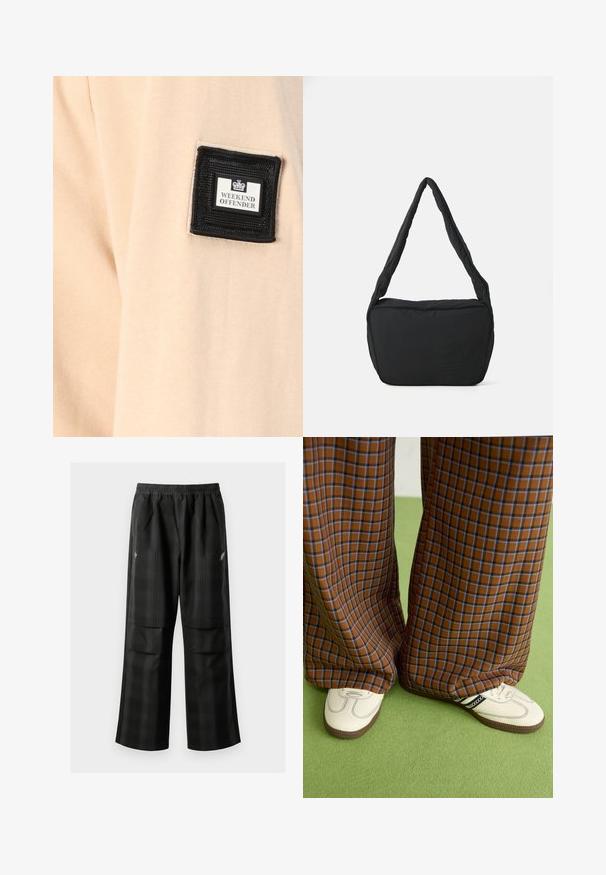 Material bej cu o textură moale, având o pată pătrată neagră etichetată "WEEKEND OFFENDER" cu un logo alb.; Pantaloni cu un model carourile negre, având talie elastică, două buzunare frontale și un croi lejer cu picioare drepte. Construiți dintr-un material ușor.; Pantaloni largi cu carouri maro și albastru, asociați cu pantofi albi cu accente negre și tălpi texturate, împotriva unui fundal verde.; Geantă de umăr neagră cu o textură căptușită, formă rotundă și un bretele lată, având un logo embosat pe față.