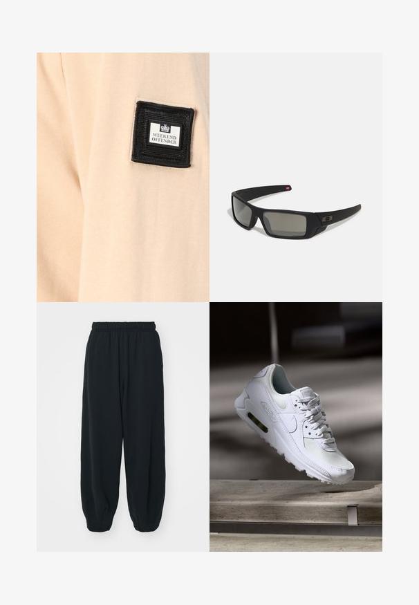 Bēšas krāsas audums ar mīkstu tekstūru, kurā ir melna kvadrāta plāksteris ar uzrakstu "WEEKEND OFFENDER" un baltu logo.; Melnas sporta bikses ar elastīgu jostasvietu, brīvu piegriezumu, aprocēm ap potītēm, gludu tekstūru, un bez redzamām rakstu vai aparatūras akcentiem.; Baltas Nike Air Max 90 sporta apavi ar sietu un ādas augšdaļu, caurspīdīgu pirksta daļu un redzamu gaisa vienību papēdī.; Melni saulesbrilles ar matētu apdari, taisnstūra lēcām, nedaudz izliektiem tempļiem, smalkiem logotipa elementiem un dūmu nokrāsas lēcām.