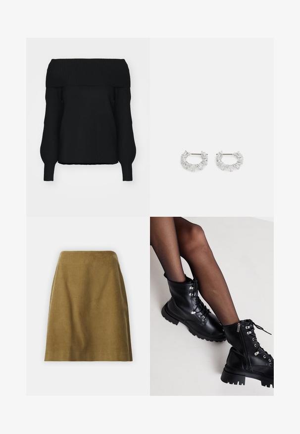 Črni pulover brez rameni iz mehkega pletenega materiala, z ribastim robom, dolgimi rokavi in sproščenim krojem. Brez vidnih vzorcev.; Selected Femme SLFJENNY NEWIBI SKIRT - Krilo A-kroja - camel; Even&Odd Wide Fit Gležnjarji z vezalkami - black; Srebrni obročasti uhani, ki vsebujejo prozorne, pravokotne in trikotne kristale, razporejene v vzorčnem dizajnu. Imajo nastavke za varno pritrjevanje.