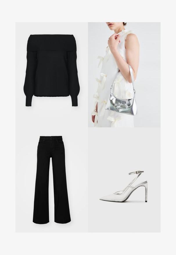 Juodas megztukas be petnešų, pagamintas iš minkštos mezginio medžiagos, su raukšlėta apdaila, ilgomis rankovėmis ir laisvu siluetu. Nėra matomų raštų.; Juodos plačios kelnės iš denimo, turinčios struktūruotą juosmenį, diržo kilpas ir priekines kišenes. Lygus paviršius su klasikinio dizaino elementais.; Aiškūs stiletto kulniukai su smailiu padu, skaidria medžiaga, metaliniais sidabriniais akcentais ir reguliuojama kulkšnies juosta.; Sidabrinė metalinė rankinė su struktūrizuota forma, turinti viršutinę rankeną ir kaspiną priekyje. Lygi tekstūra, atspindinti apdaila.