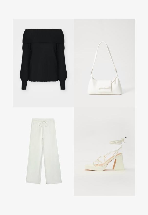 Černý svetr bez rukávů vyrobený z měkké pleteniny, s žebrovaným zakončením, dlouhými rukávy a uvolněným střihem. Žádné viditelné vzory.; Bílé kalhoty s širokými nohavicemi vyrobené z měkké tkaniny. Mají elastický pas se stahovací šňůrkou a hladkou strukturu. Žádné viditelné vzory ani kovové prvky.; Bílé sandály na vysokém podpatku s robustním podpatkem, s designem s pásky a zavazováním kolem kotníku. Hladký povrch s platformou vpředu pro zvýšení výšky.; Bílá syntetická kabelka v trojúhelníkovém tvaru, s plochým předním klopným víkem a detailem mašle, nastavitelným popruhem, hladkým povrchem a minimalistickým designem.