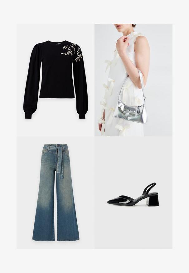 Object OBJTHESS EMBROIDERY PULLOVER - Jumper - black; Wide-leg denim trousers featuring a light to dark blue gradient, high waist, belt loops, and a matching fabric belt. Textured denim finish.; Black patent leather slingback heels with a pointed toe and a geometric block heel. Features a sleek, minimal design and smooth texture.; Silver metallic handbag with a structured shape, featuring a top handle and bow detail on the front. Smooth texture, reflective finish.
