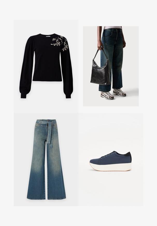 Object OBJTHESS EMBROIDERY PULLOVER - Pulover - black; Pantaloni din denim largi, cu un gradient de la albastru deschis la albastru închis, talie înaltă, bucle pentru curea și o curea din același material. Finisaj texturat din denim.; Sneaker albastru închis, cu un material texturat pe partea superioară, talpă platformă albă, vârf rotunjit și accent de călcâi negru. Dispune de șase găuri pentru șireturi.; Geantă de umăr din piele neagră, cu o textură netedă și curea ajustabilă, asortată cu blugi evazați și adidași.