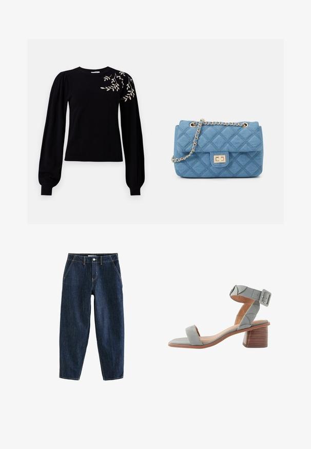 Object OBJTHESS EMBROIDERY PULLOVER - Pulóver - black; Sötétkék farmernadrág laza szabással, öt zsebbel, övbújtatókkal és kontrasztos sárga varrással. Tiszta, textúrált anyag.; Next FOREVER COMFORTREGULAR FIT - Szandálok - blue; ONLY ONLFLORENCE CROSSBODY BAG - Keresztpántos táska - blue denim/gold