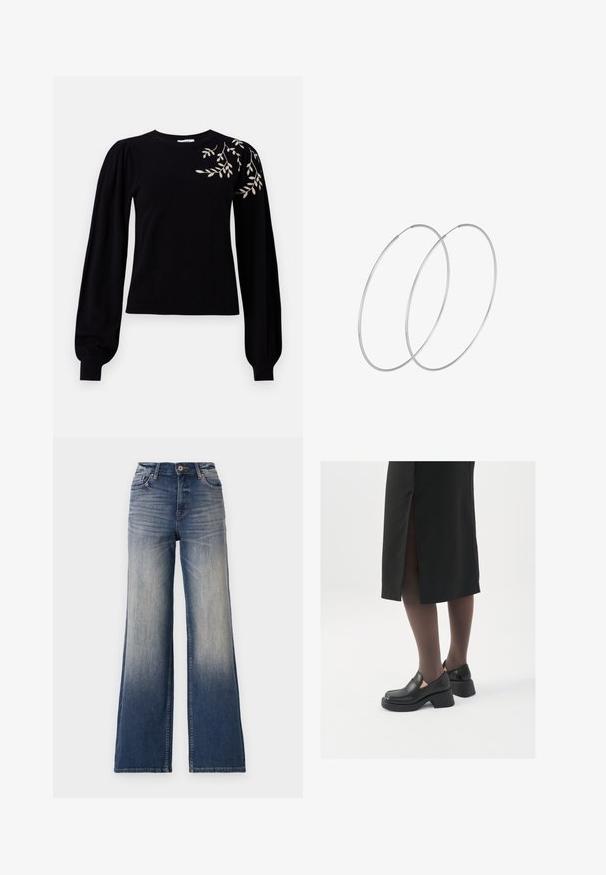 Object OBJTHESS czarny; Jeans o wysokim stanie, szerokie nogawki, w jasnym do ciemnego niebieskiego denimu z przetarciami, z zapięciem na guzik i szlufkami na pasek. Czysty dół i brak widocznych ozdób.; Czarne skórzane buty z okrągłym noskiem, grubym blokowym obcasem i elastycznymi akcentami po bokach, zestawione z ciemnymi rajstopami i czarną spódnicą z rozcięciem.; Srebrne kolczyki w formie obręczy o minimalistycznym designie. Okrągły kształt, gładka faktura i cienki profil. Lekkie, z polerowanym wykończeniem.