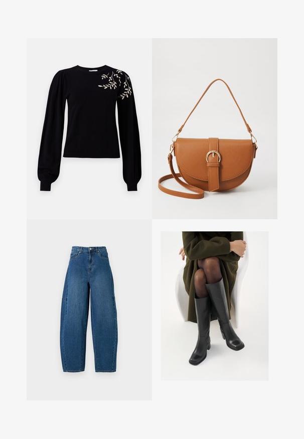 Object OBJTHESS EMBROIDERY PULLOVER - Camisola - black; Denim jeans em um tom de azul médio, apresentando uma cintura alta, corte largo e design padrão de cinco bolsos com detalhes de costura visíveis.; Botas de couro pretas até ao joelho com biqueira quadrada e salto em bloco, apresentadas com um modelo sentado num casaco verde-azeitona. Textura lisa, com detalhes mínimos.; Bolsa transversal de couro castanho com um formato curvado, ferragens douradas e um detalhe de fivela. Inclui uma alça de ombro destacável.