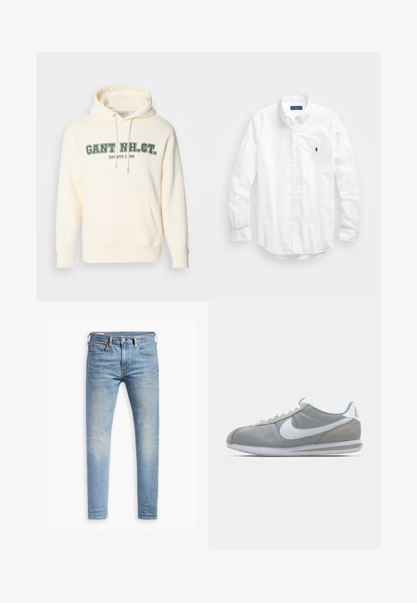 Felpa color crema con tasca a marsupio, cappuccio con stringa, e stampa verde "GANT NH. CT." e "SPORTS CLUB" sul davanti.; Camicia bianca a maniche lunghe con bottoni in cotone. Presenta un colletto classico, polsini a bottone e un piccolo logo ricamato in blu navy sul petto.; Jeans slim fit blu chiaro con leggere sfumature sulle cosce, chiusura con bottone anteriore, passanti per cintura e cinque tasche su uno sfondo bianco.; Scarpa sportiva grigia con tomaia in camoscio e tessuto, swoosh Nike bianco e lacci bianchi. Presenta una suola in gomma testurizzata e un collare imbottito.