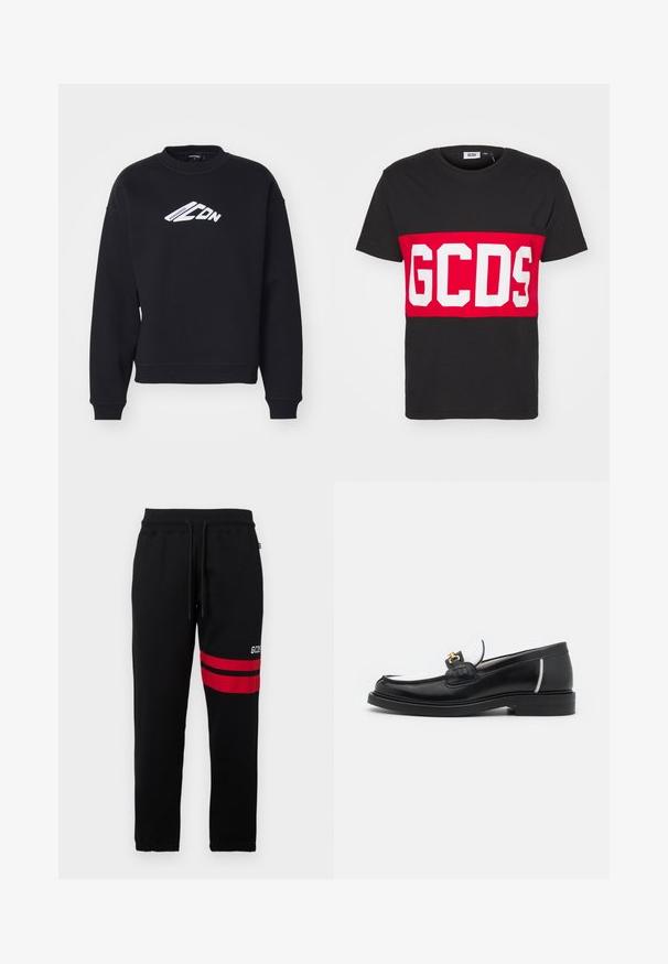 Sort sweatshirt med rund hals, lange ærmer og ribbede manchetter. Har et hvidt trykt tekstgrafik på forsiden og en afslappet pasform.; GCDS BAND LOGO REGULAR - T-shirts print - black; Sorte sweatpants med kontrastfarvede røde striber og logo på siden. Har elastisk talje med snøre og tætsiddende ankler.; Sort læder loafers med rund tå, hvide detaljer og guldbelagte metaldele på vamps. Har et struktureret patch og stablet hæl.