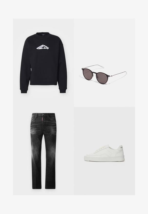 Sweatshirt noir avec col rond, manches longues et poignets côtelés. Présente un graphique textuel imprimé en blanc sur le devant et un design décontracté.; Jean en denim noir avec une coupe droite. Présente des zones décolorées, un léger effet usé, un design classique à cinq poches et une fermeture à bouton.; Baskets en cuir blanc avec une finition lisse, bout arrondi, lacets plats et semelle texturée. Présente un logo discret sur le talon.; Lunettes de soleil noires rondes avec verres sombres et branches en métal fines. Comprend des embouts transparents et des accents argentés au niveau de la charnière. Design minimaliste.