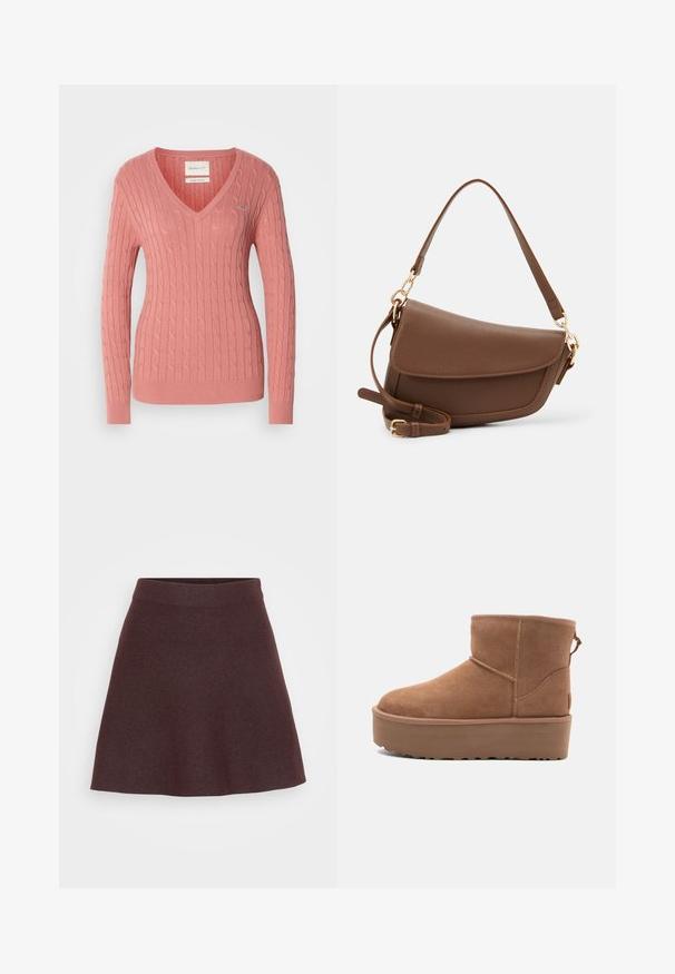 Rosa V-hals genser laget av teksturert strikket stoff, med et kabelmønster og ribbede mansjetter og kant. Liten logo detalj på brystet.; Burgunderfarget strikket skjørt med en utpreget design, bred midje og jevn tekstur, med ensfarget uten mønstre eller aksenter.; Lys brun semsket ankelstøvel med platåsåle, rund tå og sømdetaljer; har en pull-tab bak for enkel påkledning.; Brun skinnskulderveske med teksturfinish, buet form, gulltone-detaljer, justerbar stropp og klaffelukking.
