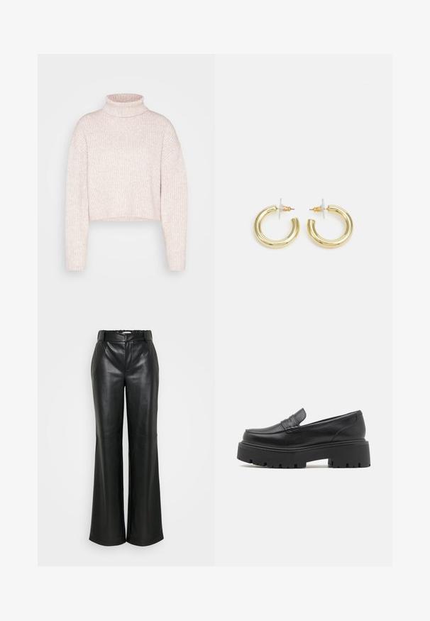 Svetlo ružový rebrovaný rolák, skrátená dĺžka, s dlhými rukávmi a jemnou textúrou. Minimalistický dizajn bez viditeľných kovových prvkov.; ONLY Tall ONLSMOOTH WIDE - Nohavice - black; Čierne kožené mokasíny s nízkou, robustnou gumovou podrážkou, prešívanými detailmi na vrchu a hladkou textúrou.; Zlaté kruhové náušnice s hladkým, lesklým povrchom. Cirkulárny dizajn s malým steblom a jasným záznamom pre bezpečné nosenie.