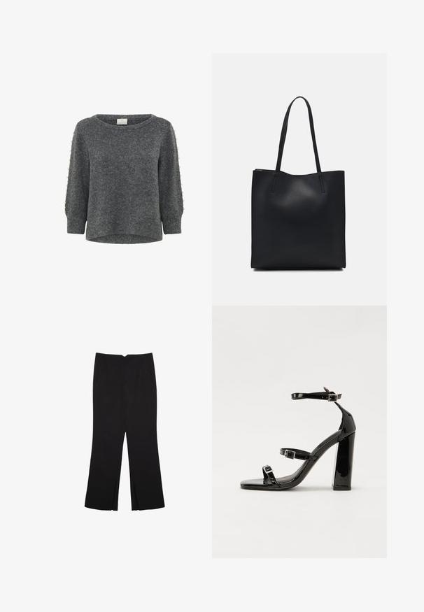 Kaffe BETTY - Stickad tröja - grey melange; Svarta byxor med rak passform, utrustade med framfickor och sidoklyvningar vid fållen. Tillverkade av mjukt, slätt tyg. Lämpliga för olika tillfällen.; Svarta lackerade klacksandaler med fyrkantig tå, ankelremmar och silverfärgade spännen. Har en kraftig blockklack för stabilitet.; Svart lädertoffelväska med slät textur, rektangulär form och två långa handtag. Ingen synlig hårdvara eller dekorationer.