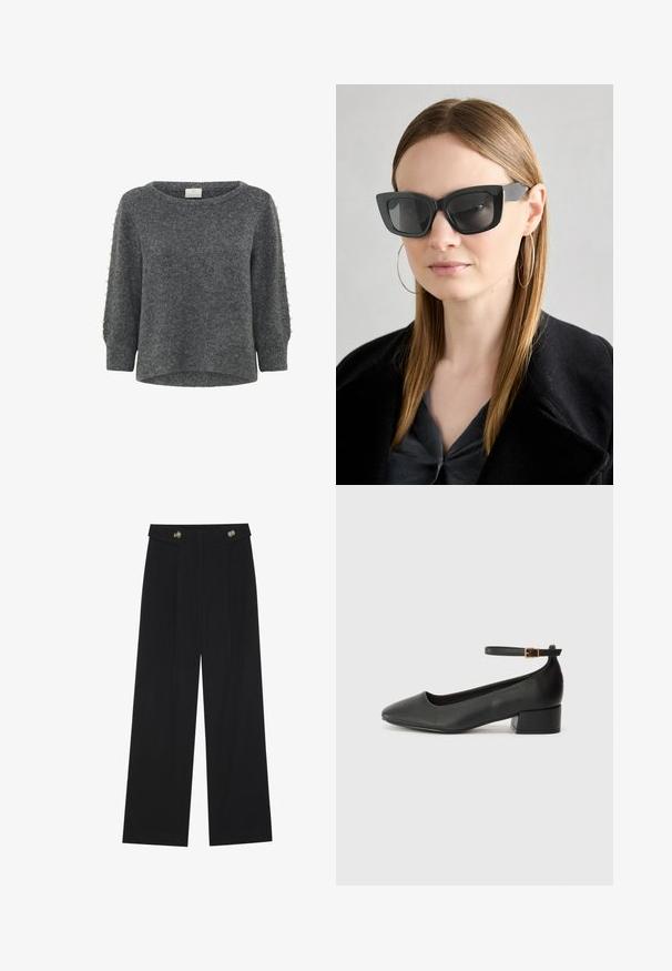 Kaffe BETTY - Svetr - grey melange; Černé široké kalhoty s vysokým pasem, detailní knoflíky na pase a přední záhyby.; Černé kožené lodičky s špičatou špičkou a nízkým blokovým podpatkem. Obsahují pásek kolem kotníku se zlatou sponou. Hladký povrch.; Černé sluneční brýle ve stylu kočičího oka s tmavými skly, silnými rámy a jemnými detaily. Nosené s černým kabátem a šedým topem, s dlouhými rovnými vlasy.