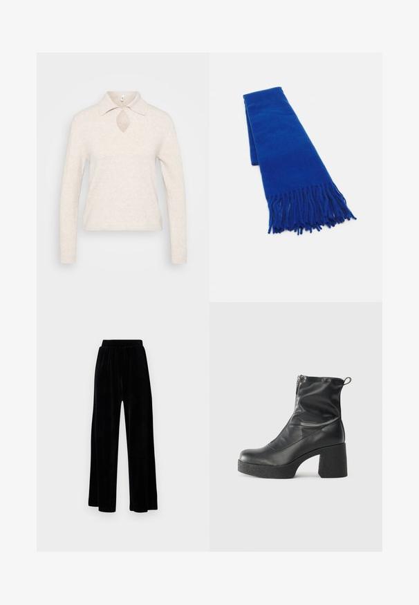 Strickpullover in hellem Beige mit Kragen, Schlüssel-ausschnitt und langen Ärmeln; strukturiert, weicher Stoff mit lockerer Passform.; Schwarze weit geschnittene Hose aus weichem Samt, mit einem elastischen Bund und einer glatten Textur, ohne sichtbare Details oder Muster.; Schwarze Stiefeletten aus glattem Leder mit seitlichem Reißverschluss, klobigem strukturiertem Absatz und runder Zehenform.; Blauer gewebter Schal mit fransigen Enden, glatter Textur, rechteckiger Form und einheitlicher Farbe. Geeignet für kaltes Wetter.