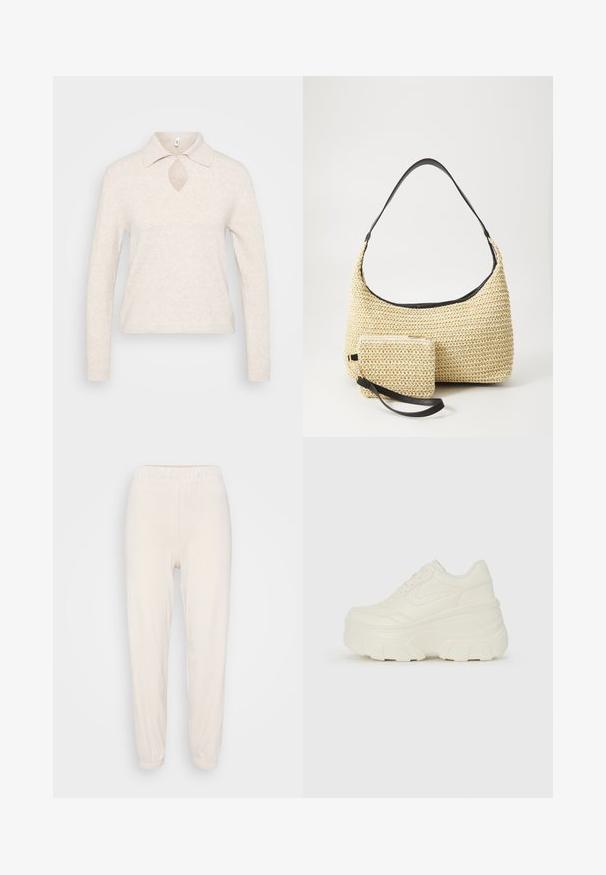 Švarkas iš šviesiai smėlinės spalvos mezginio, su apykakle, raktų skylutės išpjova ir ilgomis rankovėmis; tekstūruotas, minkštas audinys su laisvu siluetu.; Šviesiai smėlio spalvos sportinės kelnės su elastingu juosmeniu ir rankogaliais. Pagamintos iš minkštos medžiagos, pasižymi laisvu siluetu ir lygiu paviršiumi.; Baltos platformos sportbačiai su lygiu odos primenančiu paviršiumi, apvalia forma, paminkštintu apykakle ir tekstūruotu guminiu padu su ryškiais protektoriais.; Austo pynimo šiaudinio rankinio krepšio su kreiviu siluetu, su glotnia juoda odine rankena ir atitinkamu mažu maišeliu, pritvirtintu prie riešo juostos.