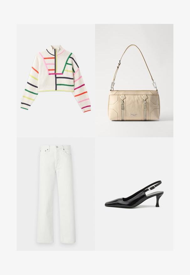 Pleteni skraćeni pulover u krem boji s višebojnim prugama. Visoki ovratnik s polu-obilaznim patentnim zatvaračem, rebrasti rubovi i teksturirana tkanina.; Bijele traperice od denima s ravnim krojem, dizajnom od pet džepova i metalnim detaljima na pojasu i džepovima.; Crne lakirane slingback visoke potpetice s oštrim prstom i detaljem srebrne kopče na peti, s glatkim, sjajnim završetkom.; Bež ženska torba od kože sa srebrnim detaljima, dva bočna zipa, strukturirani dizajn i uklonjiva traka za svestranost.