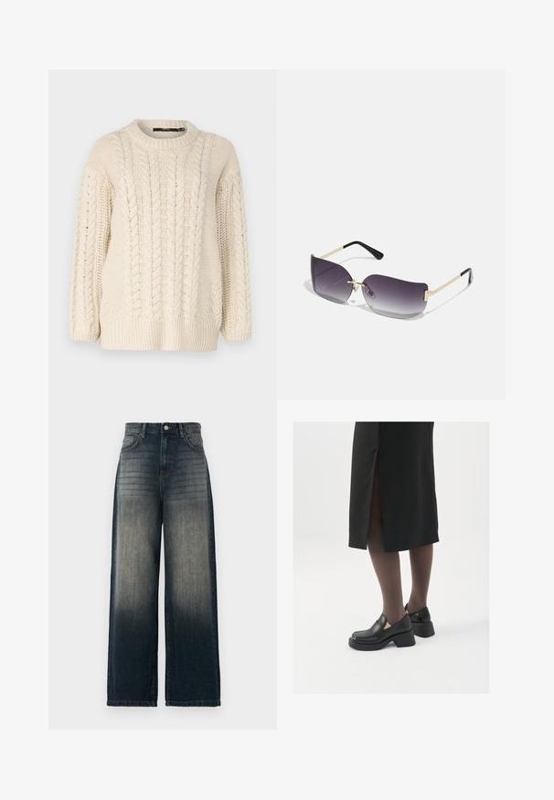 Pull en maille torsadée couleur crème, avec un col rond, des manches longues et un ourlet côtelé. Présente des motifs texturés et une coupe décontractée.; Jeans large en denim foncé, présentant un dégradé de couleur du foncé au clair, avec cinq poches et des coutures contrastées.; Chaussures noires en cuir avec un bout arrondi, un épais talon bloc et des accents latéraux élastiques, associées à des bas foncés et une jupe noire avec une fente.; Lunettes de soleil avec une lentille dégradée grise, une monture en métal doré et des accents en plastique noir. Lentilles uniques en forme de papillon avec des branches fines.