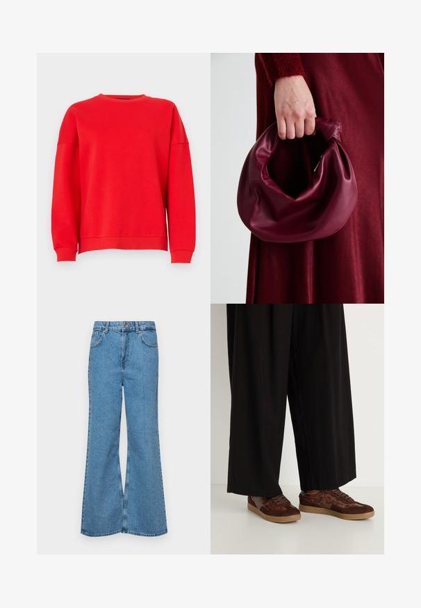 Sarkans džemperis, izgatavots no mīksta auduma, ar apaļu kakla izgriezumu, nokritušiem pleciem un ribotām piedurknēm. Vienkāršs dizains, bez rakstiem vai grafikas.; Gaiši zili, platā piegriezuma džinsi, kas izgatavoti no denima, ar augstu jostasvietu, piecām kabatām un vienu pogu. Mīksta tekstūra ar nolietotu apdari.; Brūni sporta apavi ar jauktu materiālu dizainu, kas ietver zamšādu un čūsku rakstu akcentus, noapaļotu purngala daļu, saites aizdari un teksturētām gumijas zolem.; Burgundijas ādas rokassoma ar mīkstu, sakrautu dizainu un apaļu formu. Rokturi ir nostiprināti, parādot gludu tekstūru.