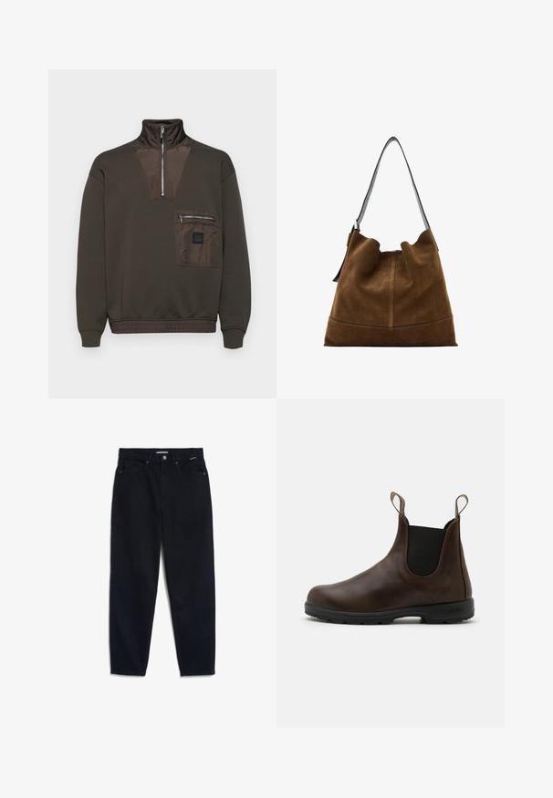Sudadera en verde oliva oscuro, con cuello alto, media cremallera y un bolsillo frontal con cremallera metálica. Tela suave con un acabado liso.; Jeans de mezclilla negra con pierna recta, diseño de cinco bolsillos y cierre de botón. La tela tiene una textura suave y costuras mínimamente visibles.; Botín de cuero marrón hasta el tobillo con paneles laterales elásticos, lengüetas y suela de goma texturizada. Presenta un diseño elegante con punta redonda.; Bolso tipo cubo de ante marrón con una correa de cuero negra, que presenta una silueta suave y costuras en la base.
