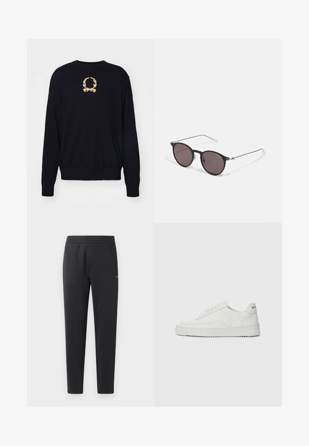 Fekete pulóver puha anyagból, arany hímzett babérkoszorú mintával a mellrészen, bordás mandzsettákkal és aljjal.; Fekete sportnadrág puha anyagból, rugalmas derékpánttal, egyenes szárakkal és egy kis logó részlettel az oldalán.; Fehér bőr sportcipő sima felülettel, kerek orral, lapos fűzőkkel és texturált talppal. Finom logó található a sarokon.; Fekete kerek napszemüveg sötét lencsékkel és karcsú fém szárakkal. Átlátszó szárvégeket és ezüst részleteket tartalmaz az ívnél. Minimalista dizájn.