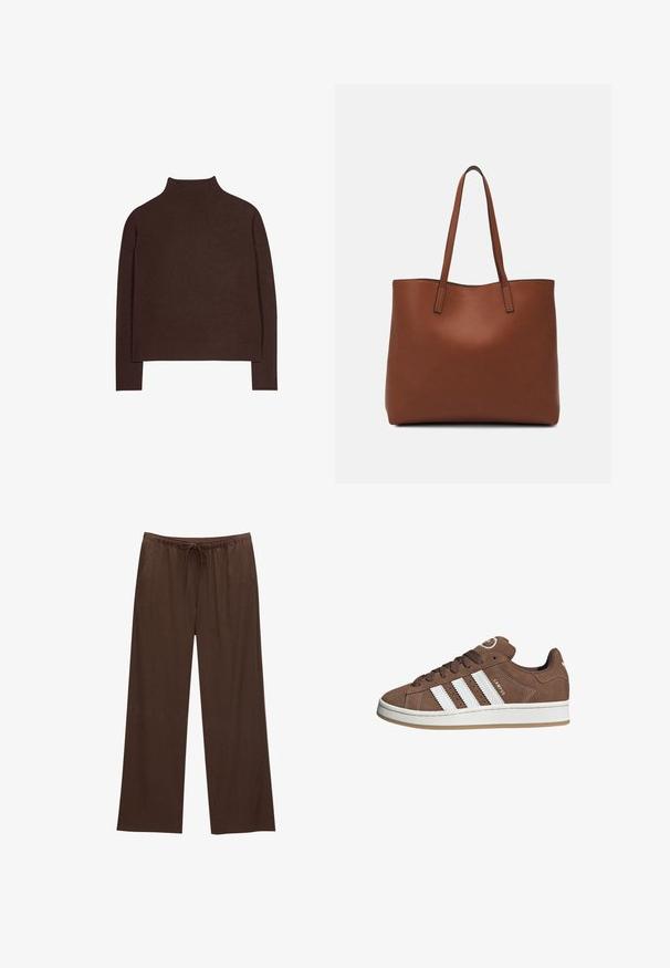 Dark brown long-sleeve knit sweater with a high neck and ribbed hem, laid flat on a white background.; Brown wide-leg pants made from soft fabric, featuring an elastic waistband with a drawstring and two side pockets.; Brown suede sneakers with white leather stripes, rubber sole, rounded toe, and lace-up front. Features a logo on the tongue and perforated accents.; Brown leather tote bag with a smooth texture, open top design, and two shoulder straps. Features minimal stitching and no visible hardware.