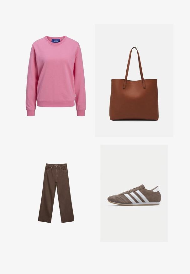 Roza dukserica iz mehkega bombaža. Ima okroglo ovratnico in dolge rokave z reberastimi manšetami in robom. Oznaka je vidna na ovratniku.; Široke rjave kavbojke iz denima, ki imajo visok pas, sprednje žepe in klasično zapiranje na gumb. Gladka tekstura s subtilnim šivom.; Rjav semafor športni copat z belimi črtami, okroglo nos, vezalni dizajn in gumijastim podplatom. Tekstura zgornjega dela s šivi.; Rjava usnjena torba z gladko teksturo, odprto zasnovo zgoraj in dvema naramnima trakovoma. Opremljena je z minimalnim šivanjem in brez vidnih kovinskih delov.