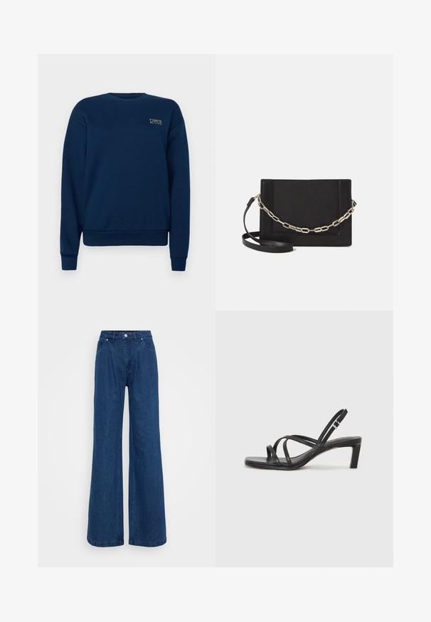Navy blue sweatshirt made of cotton blend. Features a crew neck, long sleeves, ribbed cuffs, and a small embroidered logo on the chest.; Wide-leg blue denim jeans with a high waist, front button and zipper closure, and front and back pockets against a plain background.; Black strappy sandal with a square toe and a low block heel. Features multiple thin straps and an adjustable ankle strap. Made of smooth leather.; Black leather crossbody bag featuring a smooth texture, rectangular shape, and a metallic chain detail on the front. Adjustable strap included.