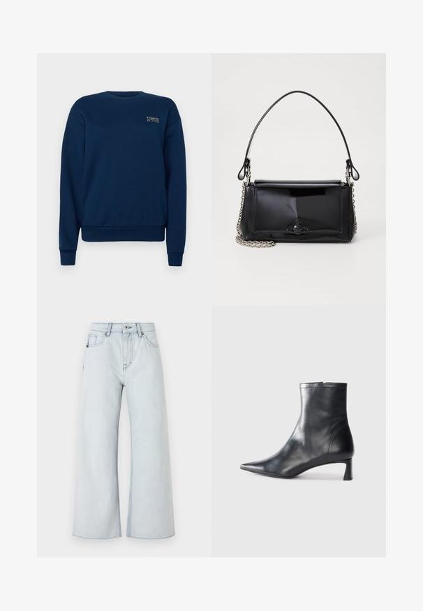 Tumesinine sweatshirt, mis on valmistatud puuvillase segu materjalist. Omab ümmargust kaelanäitjat, pikki varrukaid, ribatud mansette ja väikest broderitud logo rinnal.; Heledad sinine teksad laia jala disainiga, valmistatud denimist. Omab viit taskut, vöökinnitusloope ja nööbiga sulgemist.; Mustad mustall nahkasaabas terava nina ja stiilse disainiga. Omab madalat konts ja luku sulgemist taga. Sile tekstuur.; Mustmust mustkott mustmust mustkott, millel on ristkülikukujuline kuju, kettstrap ja silmapaistev viimistlusaktsent keskel. Sile tekstuur.