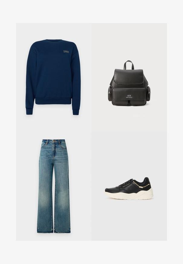 Navy blue sweatshirt made of cotton blend. Features a crew neck, long sleeves, ribbed cuffs, and a small embroidered logo on the chest.; Light blue denim wide-leg jeans feature a high waist, five pockets, and slightly frayed hems, showcasing a textured, faded finish.; Black leather sneaker featuring a chunky cream sole, gold-tone chain accent, and black laces. Smooth texture with embossed branding on the side.; Black leather backpack with a flap closure, front pocket, side zipper compartments, and a top handle. Features logo detailing at the front.
