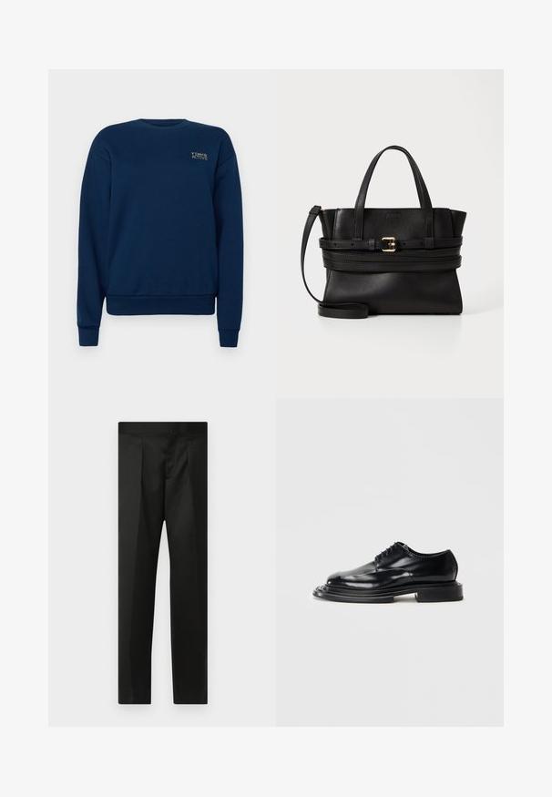 Navy blue sweatshirt made of cotton blend. Features a crew neck, long sleeves, ribbed cuffs, and a small embroidered logo on the chest.; Black trousers featuring a smooth fabric, tailored design, straight legs, and a flat waistband with no visible closures or pockets.; Black leather shoe with a glossy finish, rounded toe, laces, and a thick, flat sole. Features a layered, sculpted design.; Black leather handbag with structured design, dual top handles, detachable strap, and gold buckle accent on a horizontal band.