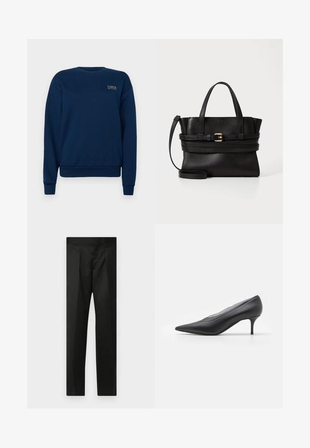 Tummansininen collegepaita, joka on valmistettu puuvillasekoitteesta. Siinä on pyöreä pääntie, pitkät hihat, resorit hihansuissa ja pieni brodeerattu logo rinnassa.; Mustat housut, joissa on sileä kangas, räätälöity muotoilu, suorat lahkeet sekä litteä vyötärö ilman näkyviä kiinnityksiä tai taskuja.; Musta teräväkärkinen korkokenkä, joka on valmistettu sileästä nahasta. Ominaisuuksiin kuuluu hoikka korko ja minimalistinen muotoilu ilman näkyviä koristeita.; Musta nahkakäsilaukku, jossa on jämäkkä muotoilu, kaksinkertaiset yläkahvat, irrotettava hihna ja kultainen solki vaakasuoralla nauhassa.