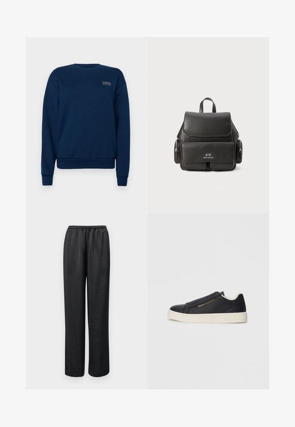 Tumesinine sweatshirt, mis on valmistatud puuvillase segu materjalist. Omab ümmargust kaelanäitjat, pikki varrukaid, ribatud mansette ja väikest broderitud logo rinnal.; Mustad, vabalt istuvad püksid elastse vöökohtaga. Valmistatud siledast kangast, sirge säärega ning ilma nähtavate taskute või kaunistusteta.; Mustadast mustad nahast slip-on spordijalatsid valge tallaga, kullavärvi "Armani Exchange" logo külgedel ja minimalistlik õmblusdetail.; Must must nahk Seljakott klapi sulgemisega, esikoti, külgsete tõmblukkudega sektsioonide ja ülemise käepidemega. Esiküljel on logo detailid.
