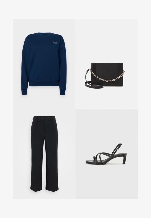 Navy blue sweatshirt made of cotton blend. Features a crew neck, long sleeves, ribbed cuffs, and a small embroidered logo on the chest.; Black wide-leg trousers with a smooth texture, featuring a flat waistband and side pockets, designed with a minimalist aesthetic.; Black strappy sandal with a square toe and a low block heel. Features multiple thin straps and an adjustable ankle strap. Made of smooth leather.; Black leather crossbody bag featuring a smooth texture, rectangular shape, and a metallic chain detail on the front. Adjustable strap included.
