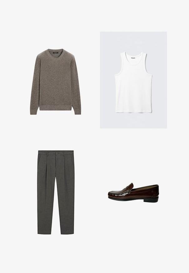 Brauner gerippter Strickpullover mit Rundhalsauschnitt und langen Ärmeln, aus einem strukturierten Stoff mit eng anliegenden Bündchen und Saum. Einfaches Design.; Weißes Tanktop mit runder Ausschnittform und breiten Trägern. Hergestellt aus einem glatten, leichten Stoff, mit einem minimalistischen Design ohne Muster.; Graue Tailored-Pants mit einem Nadelstreifenmuster, gefalteter Vorderseite, Seitentaschen und einem Knopfverschluss. Aus gewebtem Stoff mit glatter Textur.; Brauner Lederlofer mit runder Spitze, schlupf Design, strukturierten Nähten und einem niedrigen schwarzen Gummiabsatz. Glatte, polierte Oberfläche.