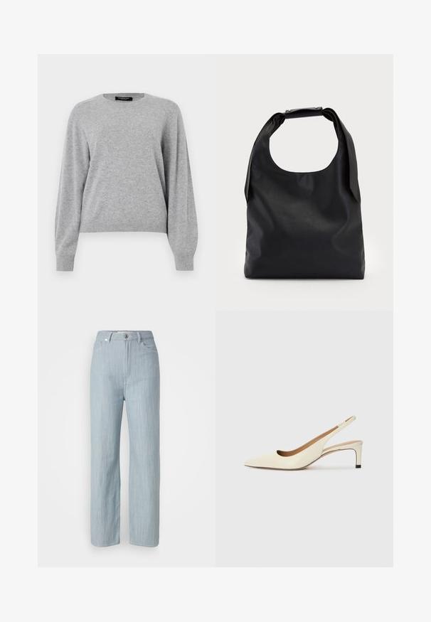 Pulover de culoare gri deschis, realizat dintr-un material moale. Are decolteu rotund, mâneci lungi și o croială confortabilă, cu mansete și tiv cu model din tricot.; Jeans drepti de culoare bleu deschis, din denim. Prezintă cinci buzunare, un închizător metalic și o ușoară decolorare pentru textură.; Sandal cu vârful ascuțit, tip slingback, din piele albă, cu toc jos și design decupat, având o textură fină și accente minime.; Geantă hobo din piele neagră, cu un singur mânere moale și rotunjit; are o textură fină și un design minimalist. Fără accesorii sau detalii vizibile.
