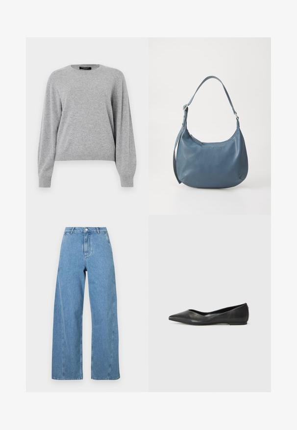 Pull léger gris clair en matière douce. Doté d'un col rond, de manches longues et d'une coupe décontractée avec des poignets et un ourlet côtelés.; Jean large bleu clair en denim, avec une taille haute, une coupe droite et des surpiqûres contrastées le long des coutures.; Ballerines en cuir noir avec un bout pointu, un talon bas et une texture lisse. Design minimal avec une subtile accent latéral.; Sac à main en cuir bleu avec une forme arrondie, une seule bandoulière, fermeture zippée et nom de la marque en relief sur le devant. Texture lisse.