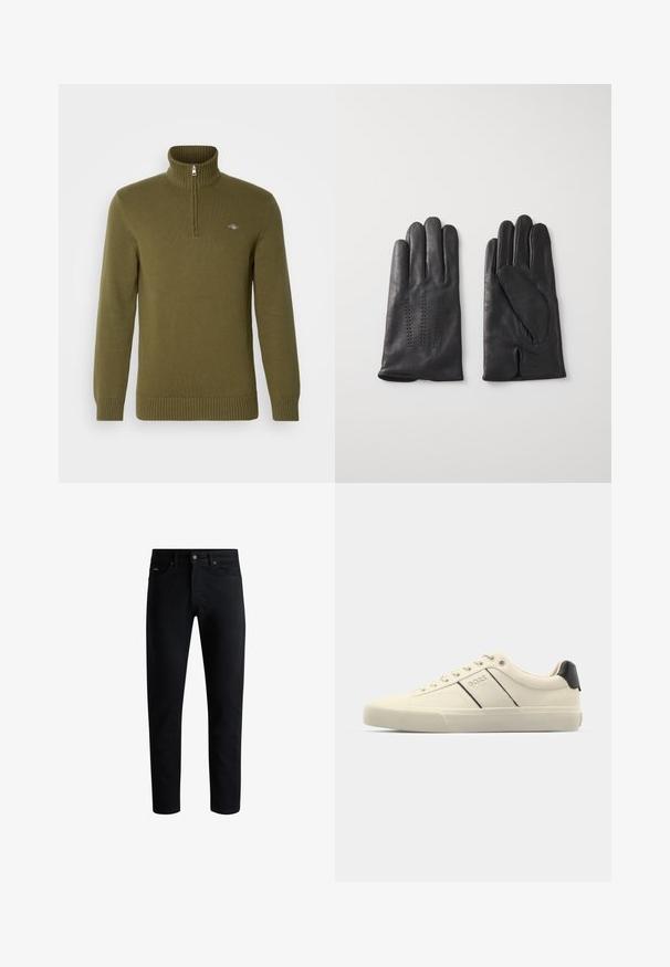 GANT Strickpullover - juniper green; Schwarze Slim-Fit-Jeans mit fünf Taschen, Knopfverschluss und Gürtelschlaufen, vor einem weißen Hintergrund präsentiert.; Cremfarbene Sneaker mit glatter Oberfläche, die schwarze Akzente und Markenlogo aufweisen. Klassisches Schnürdesign mit runder Zehenform und Gummisohle.; Schwarze Lederhandschuhe mit fünf Fingern, die mit dekorativen Nähten versehen sind. Das Innere hat ein weiches Futter und ein offenes Design für den Zeigefinger.