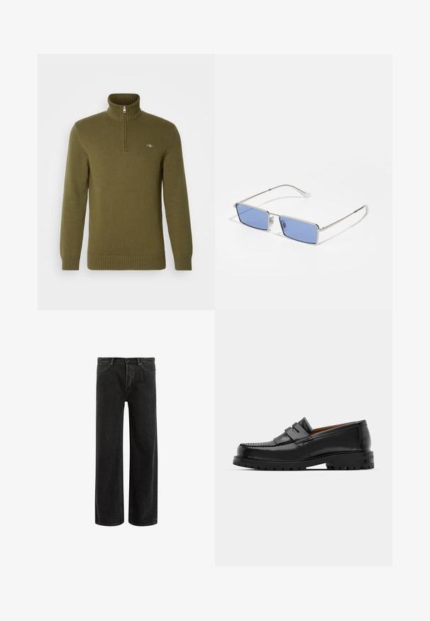 GANT CASUAL HALF ZIP - Pullover - juniper green; Jean en denim noir à jambes larges avec taille haute, présentant un design classique à cinq poches et un léger délavage pour un aspect texturé.; Des mocassins en cuir noir présentent une couture surélevée, deux sangles décoratives sur le dessus et une semelle épaisse et texturée pour une meilleure adhérence.; Lunettes de soleil en métal avec une forme rectangulaire, verres teintés en bleu et monture en argent. Comprend des coussinets de nez et des branches fines et droites.