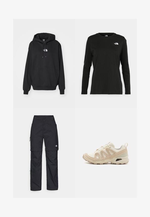 Felpa nera con cappuccio e tasca a marsupio, caratterizzata da un logo bianco sul petto, realizzata in tessuto morbido, progettata per un abbigliamento casual.; T-shirt nera a maniche lunghe in cotone con colletto rotondo. Presenta un piccolo logo bianco sul lato sinistro del petto. Design semplice e vestibilità comoda.; Pantaloni cargo in nylon nero con zip rimovibile, polsini regolabili, molteplici tasche e un logo sulla gamba destra. Tessuto liscio e leggero.; Scarpa atletica beige e crema con tomaia in mesh testurizzato, sovrapposizioni supportive e suola in gomma con un motivo a tasselli per la trazione.