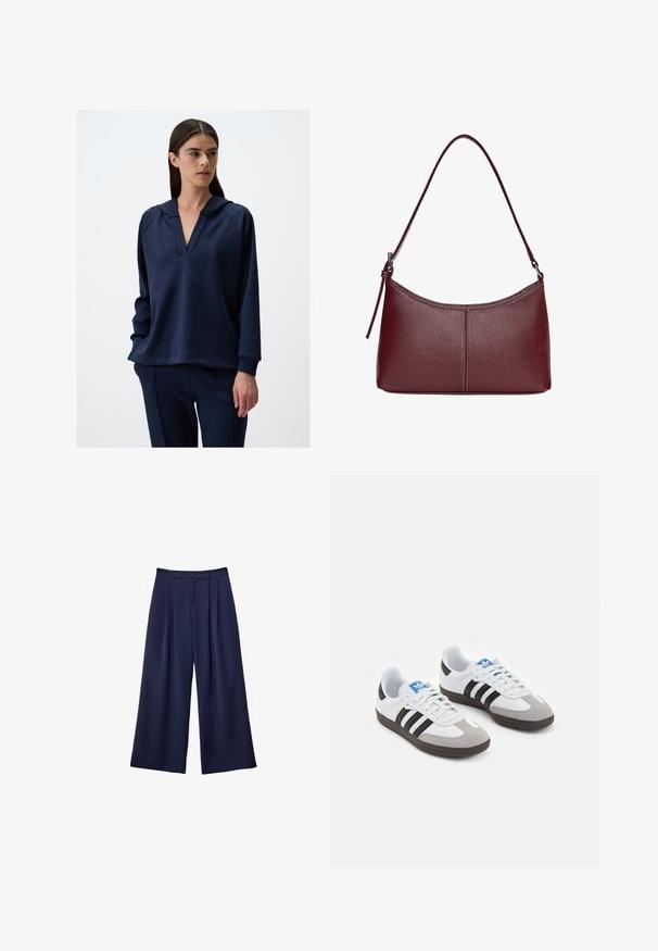 Felpa blu navy con scollatura a V e cappuccio. Tessuto morbido, maniche lunghe e vestibilità rilassata. Abbinata a pantaloni blu navy coordinati.; Pantaloni a gamba larga blu navy con pieghe, vita con bottoni e passanti per cintura, mostrati distesi su uno sfondo bianco.; Scarpe sportive con tomaia in pelle bianca, punta in suede grigia e tre strisce nere. Presentano un logo blu sulla linguetta e una suola in gomma testurizzata.; Borsa a tracolla in pelle bordeaux con forma curvata, una sola tracolla e dettagli cuciti al centro. Texture liscia, hardware minimale.